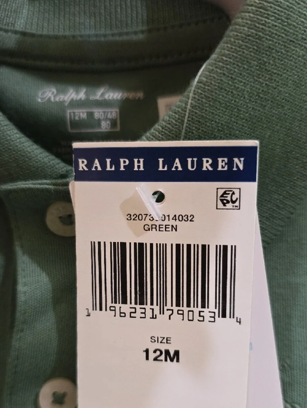 NWT 12M Ralph Lauren Sage Green Polo One-Piece 100% Cotton